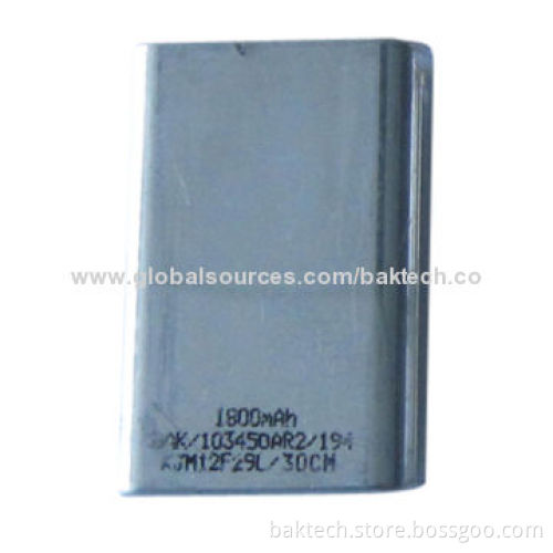 Lithium-ion Rechargeable Cell Battery, Rectangle Type, 3.7V, 1,800mAh, UL1642 Mark